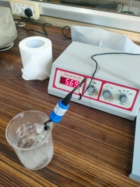 Measurement of pH of clove oil-loaded niosomal gel using a digital pH meter.