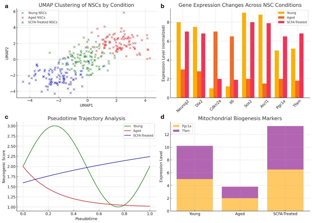 SCFA Treatment Rejuvenates Neural Stem Cell Identity Through Chromatin and Transcriptomic Reprogramming. (a) UMAP projection of NSCs, showing clear segregation by condition. (b) Bar plot comparing normalized gene expression for neurogenic and senescence markers. (c) Pseudotime trajectories illustrating regenerative potential shift upon SCFA treatment. (d) Stacked bar plot of mitochondrial gene expression levels across conditions.
