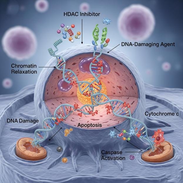 Mechanisms of apoptosis induction by DNA-damaging agents and HDAC inhibitors. The figure was prepared by using BioRender/SciDraw.
