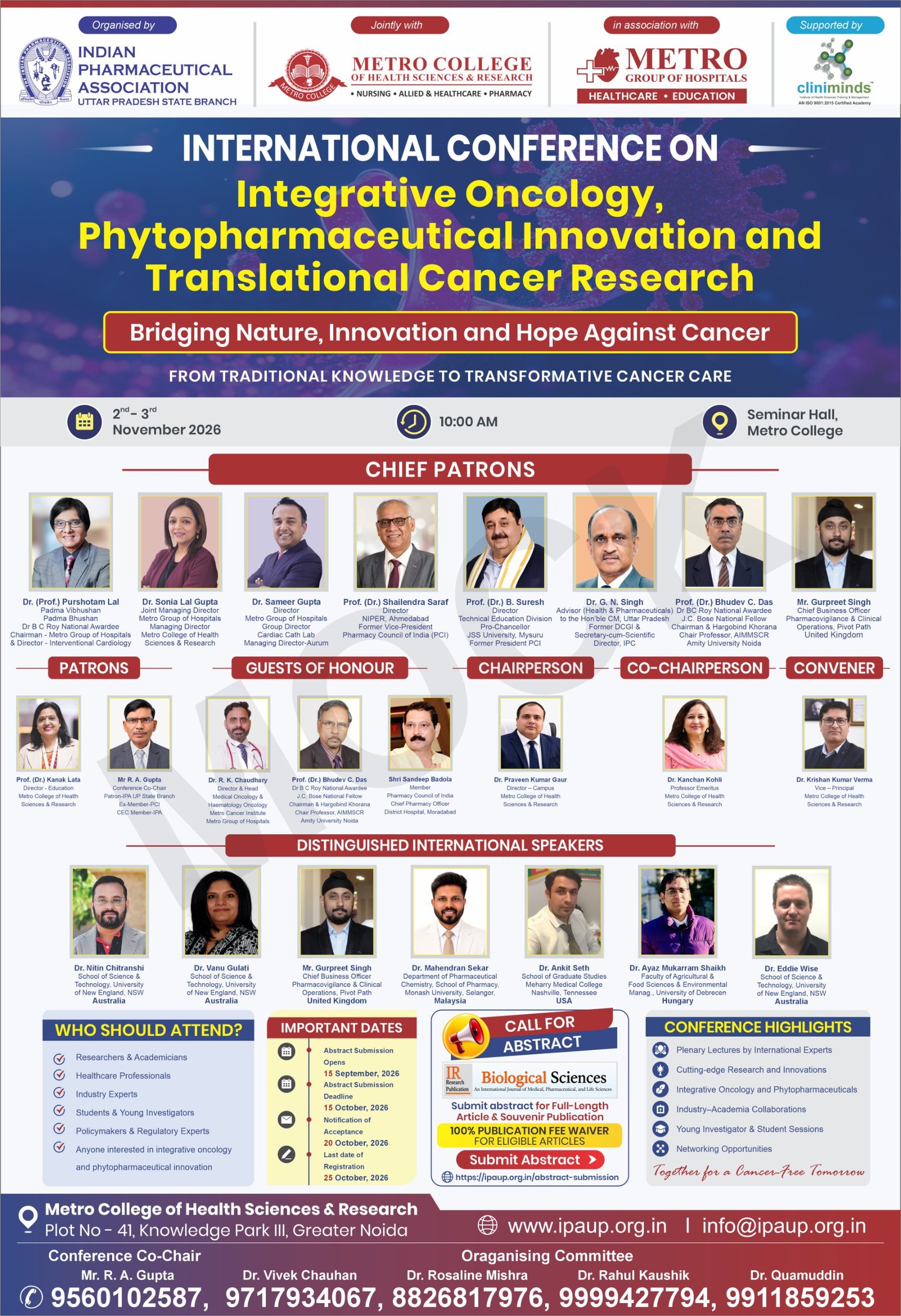 Conference cover for the 2026 International Conference on Integrative Oncology, Phytopharmaceutical Innovation and Translational Cancer Research, held November 2–3, 2026, at Metro College of Health Sciences & Research, Greater Noida, India. The poster features conference organizers, invited speakers, and the theme “Bridging Nature, Innovation and Hope Against Cancer,” with Biological Sciences (IR Research Publication) as a publication partner.