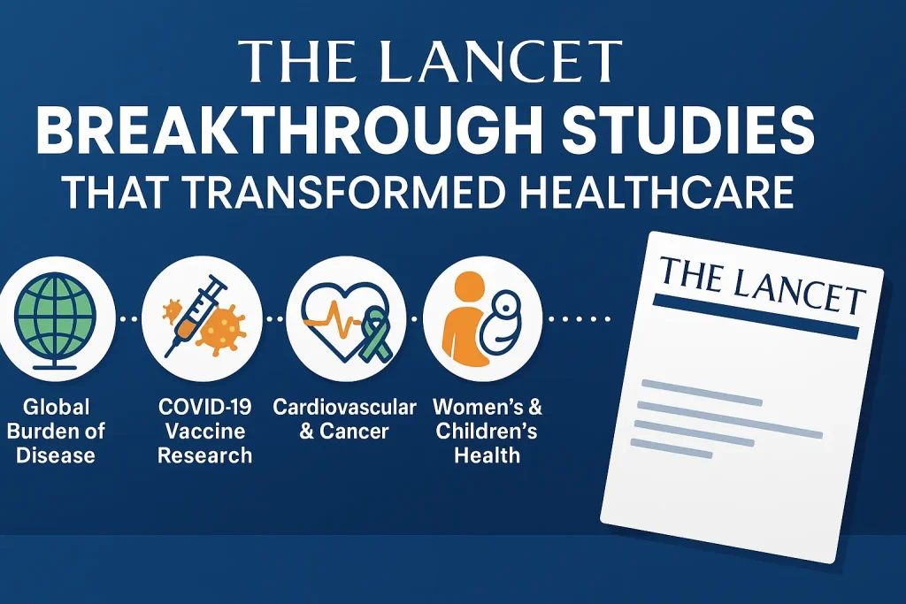 Infographic showing The Lancet breakthrough studies that transformed healthcare, including Global Burden of Disease, COVID-19 vaccine research, women’s and children’s health, and climate change and health.