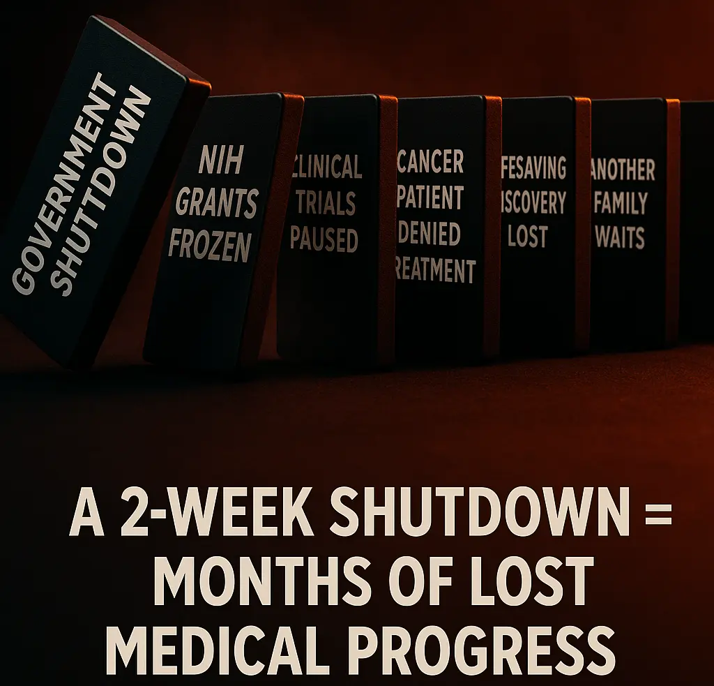 Seven black dominoes falling in sequence showing government shutdown impact on biomedical research from NIH grants frozen to families waiting for treatment