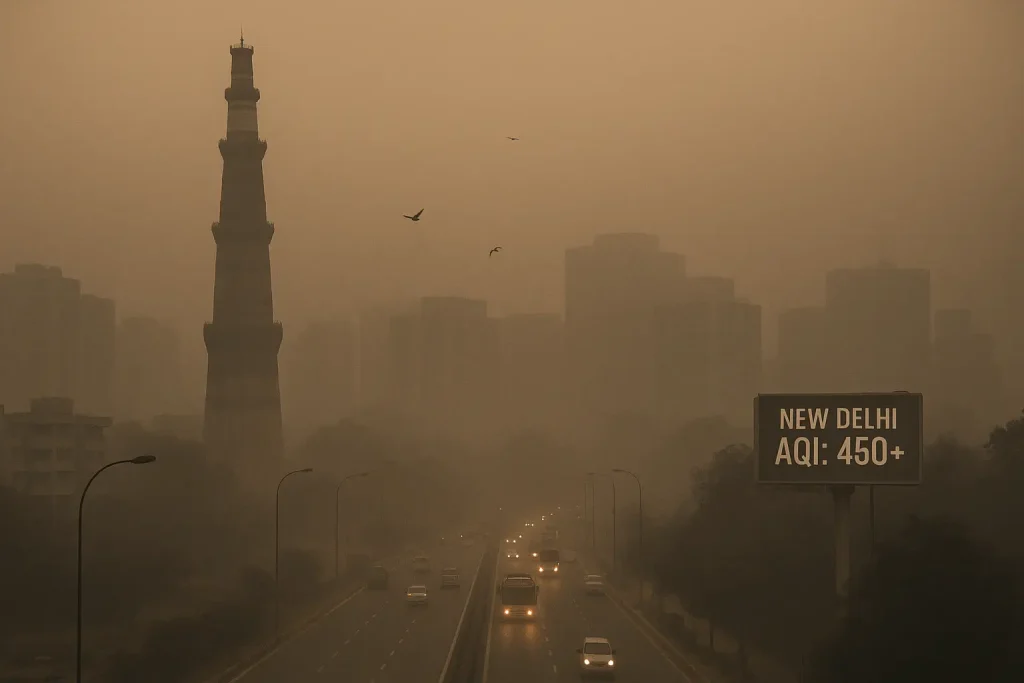 Air quality crisis Delhi skyline severe smog pollution PM2.5 haze obscuring India Gate toxic air particulate matter air pollution index