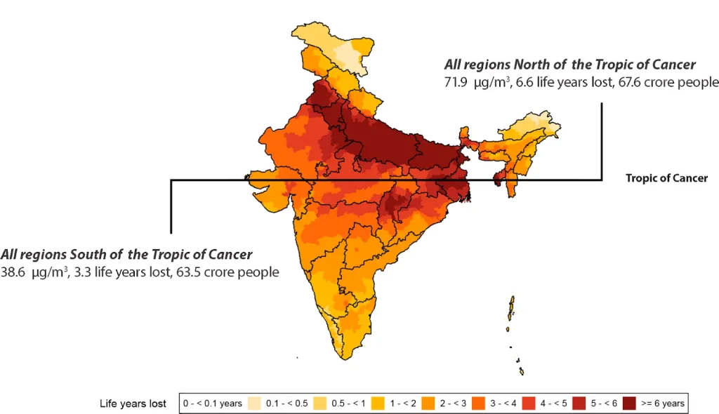 Years of Life Lost Due to Air Pollution by Region”, produced by the University of Chicago’s Energy Policy Institute (EPIC) – Air Quality Life Index 2025