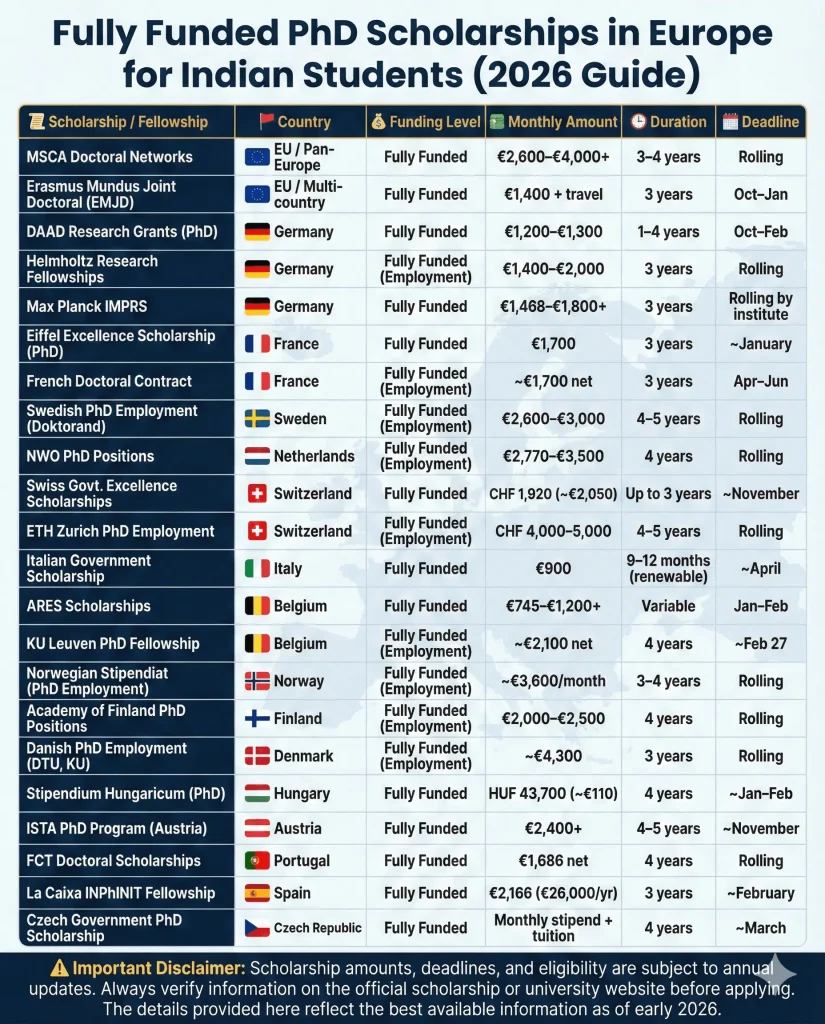 A comprehensive table titled "Fully Funded PhD Scholarships in Europe for Indian Students (2026 Guide)" outlining various scholarship and fellowship opportunities. The table includes columns for Scholarship/Fellowship name, Country with a flag icon, Funding Level, Monthly Amount, Duration, and Application Deadline. It lists programs from across Europe, including the EU, Germany, France, Sweden, Netherlands, Switzerland, Italy, Belgium, Norway, Finland, Denmark, Hungary, Austria, Portugal, Spain, and the Czech Republic. A disclaimer at the bottom advises verifying information with official sources.