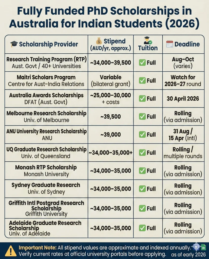 A table titled "Fully Funded PhD Scholarships in Australia for Indian Students (2026)" listing 10 scholarship providers, their approximate annual stipends in AUD, full tuition coverage, and application deadlines, set against a solid light background.