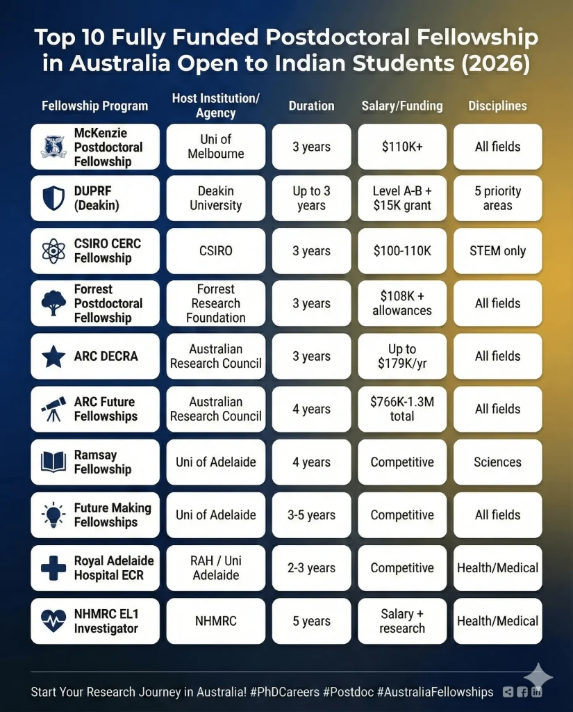 A comprehensive table titled "Top 10 Fully Funded Postdoctoral Fellowship in Australia Open to Indian Students (2026)." The table lists 10 major Australian fellowships including McKenzie, CSIRO CERC, and ARC DECRA, detailing host institutions, 2–5 year durations, salaries up to $179k/year, and eligibility across STEM, Health, and Humanities.