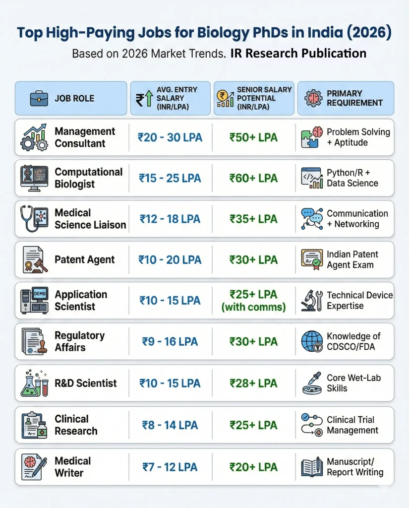 Infographic titled "Top High-Paying Jobs for Biology PhDs in India (2026)" presenting a table of nine job roles with their average entry salary, senior salary potential, and primary requirements, based on 2026 market trends and sourced from IR Research Publication.