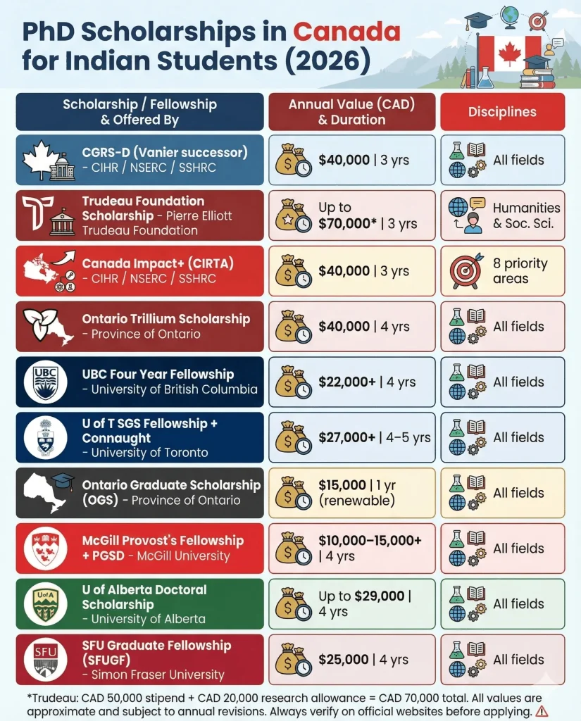Infographic titled "PhD Scholarships in Canada for Indian Students (2026)". It presents a list of ten doctoral scholarship programs, including CGRS-D, Trudeau Foundation Scholarship, and various university-specific fellowships from institutions like UBC, U of T, and McGill. Each entry details the scholarship's name and offering body, its annual value in Canadian dollars and duration, and the eligible academic disciplines, which are mostly "All fields" with some exceptions for Humanities and priority areas.