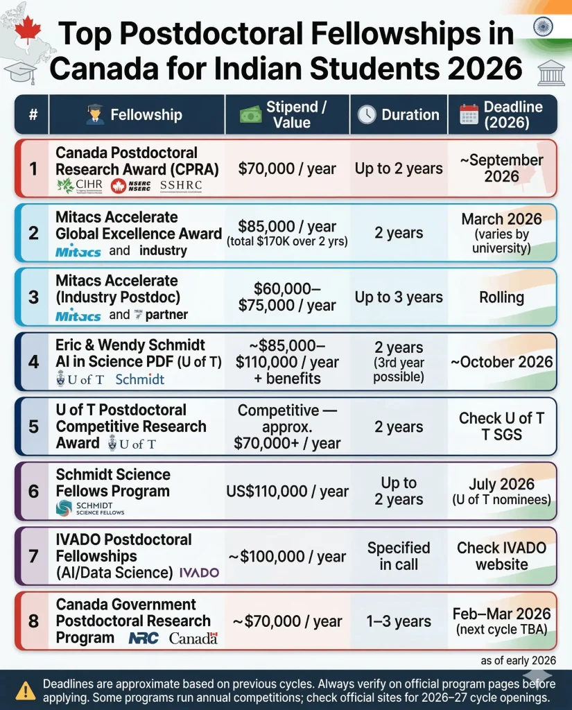 A table titled "Top Postdoctoral Fellowships in Canada for Indian Students 2026" detailing eight major funding programs. It lists the fellowship names, stipends ranging from $60,000 to over $110,000, durations of 1 to 3 years, and estimated application deadlines.