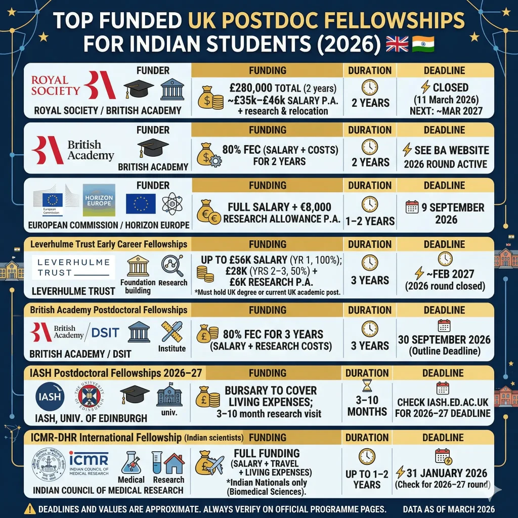 An infographic table titled "Top Funded UK Postdoc Fellowships for Indian Students (2026)" detailing seven major funding programs. It lists the fellowship names, funders, stipends ranging from £35,000 to over £120,000, durations from 3 months to 3 years, and estimated application deadlines.