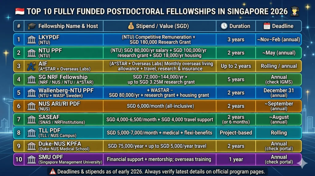 An infographic table titled "Top 10 Fully Funded Postdoctoral Fellowships in Singapore 2026." It details ten prestigious programs including the LKYPDF, NTU Presidential, and SG NRF Fellowships. Columns list the fellowship name, host institution, stipend value (ranging from SGD 60,000 to SGD 144,000+), research grants up to SGD 3.25M, duration, and application deadlines.