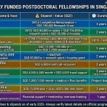An infographic table titled "Top 10 Fully Funded Postdoctoral Fellowships in Singapore 2026." It details ten prestigious programs including the LKYPDF, NTU Presidential, and SG NRF Fellowships. Columns list the fellowship name, host institution, stipend value (ranging from SGD 60,000 to SGD 144,000+), research grants up to SGD 3.25M, duration, and application deadlines.