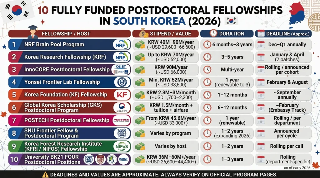 An infographic table titled "10 Fully Funded Postdoctoral Fellowships in South Korea (2026)". It lists ten funding programs including the NRF Brain Pool, Korea Research Fellowship, InnoCORE, and Global Korea Scholarship, detailing their respective hosts, stipends, fellowship durations, and approximate application deadlines.