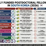 An infographic table titled "10 Fully Funded Postdoctoral Fellowships in South Korea (2026)". It lists ten funding programs including the NRF Brain Pool, Korea Research Fellowship, InnoCORE, and Global Korea Scholarship, detailing their respective hosts, stipends, fellowship durations, and approximate application deadlines.