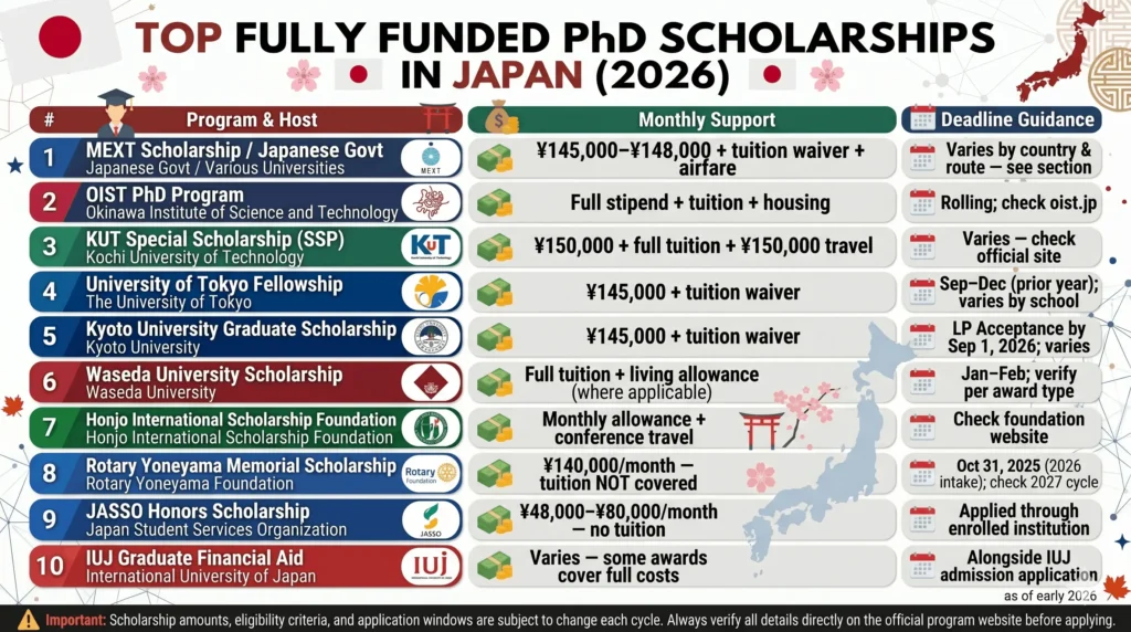 An infographic titled "Top Fully Funded PhD Scholarships in Japan (2026)." It features a detailed table listing 10 major funding programs, including the MEXT Scholarship, OIST PhD Program, and fellowships from the Universities of Tokyo and Kyoto. The columns provide information on the Program & Host, Monthly Support (stipends ranging from ¥48,000 to over ¥150,000 plus tuition waivers), and Deadline Guidance.