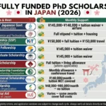 An infographic titled "Top Fully Funded PhD Scholarships in Japan (2026)." It features a detailed table listing 10 major funding programs, including the MEXT Scholarship, OIST PhD Program, and fellowships from the Universities of Tokyo and Kyoto. The columns provide information on the Program & Host, Monthly Support (stipends ranging from ¥48,000 to over ¥150,000 plus tuition waivers), and Deadline Guidance.
