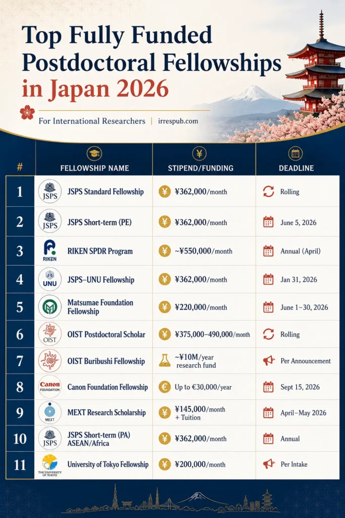 A premium academic infographic table titled "Top Fully Funded Postdoctoral Fellowships in Japan 2026." Set against a deep navy blue background with a subtle red sun and cherry blossom watermark, the table outlines 11 prominent Japanese research programs including JSPS, RIKEN, and MEXT. It details monthly stipends up to 550,000 yen and application deadlines for international researchers.