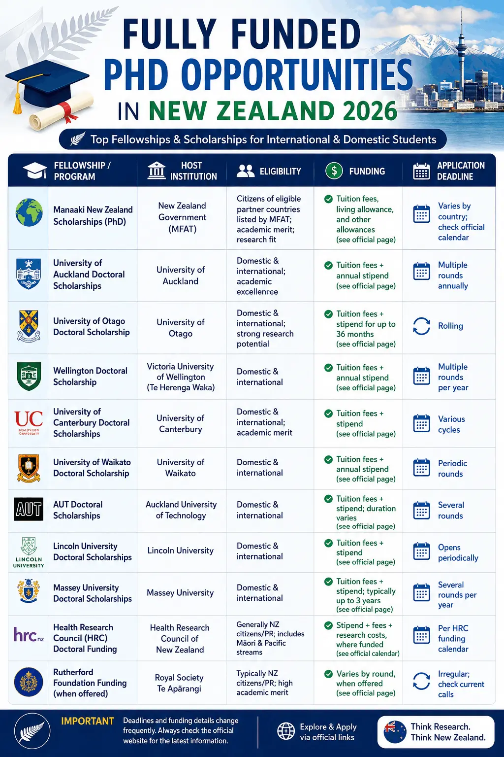 Infographic titled "Fully Funded PhD Opportunities in New Zealand 2026" featuring a blue-themed table summarizing 11 major doctoral funding opportunities. The table includes the fellowship or scholarship name, host institution, eligibility criteria, funding coverage, and application deadline. Programs listed include the Manaaki New Zealand Scholarships, University of Auckland, University of Otago, Victoria University of Wellington, University of Canterbury, University of Waikato, AUT, Lincoln University, Massey University, Health Research Council (HRC) Doctoral Funding, and Rutherford Foundation Funding. The background includes New Zealand landmarks, mountains, and graduation-themed graphics, with a note encouraging applicants to verify deadlines and funding details on official websites.