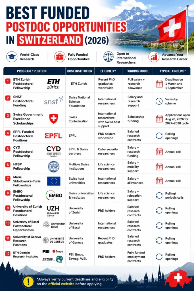A table summarizing the best fully funded postdoc opportunities in Switzerland for 2026, including host institution, eligibility, funding type, deadlines, and official links.