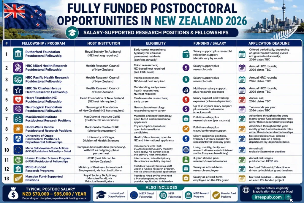 Infographic titled “Fully Funded Postdoctoral Opportunities in New Zealand 2026” featuring a table of 13 major postdoctoral funding pathways in New Zealand. The table summarizes fellowship or program name, host institution, eligibility criteria, funding or salary support, and application timelines. Opportunities include Rutherford Foundation, Health Research Council fellowships, Heart Foundation New Zealand, Neurological Foundation, MacDiarmid Institute, Dodd-Walls Centre, University of Otago positions, Marie Skłodowska-Curie Actions (MSCA) Global Fellowships, Human Frontier Science Program (HFSP), MBIE-funded research programs, and Marsden Fund-supported positions. The infographic highlights a typical New Zealand postdoctoral salary range of NZD $70,000–95,000 per year and emphasizes salary-supported research positions and fellowships for international researchers.