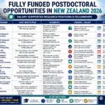 Infographic titled “Fully Funded Postdoctoral Opportunities in New Zealand 2026” featuring a table of 13 major postdoctoral funding pathways in New Zealand. The table summarizes fellowship or program name, host institution, eligibility criteria, funding or salary support, and application timelines. Opportunities include Rutherford Foundation, Health Research Council fellowships, Heart Foundation New Zealand, Neurological Foundation, MacDiarmid Institute, Dodd-Walls Centre, University of Otago positions, Marie Skłodowska-Curie Actions (MSCA) Global Fellowships, Human Frontier Science Program (HFSP), MBIE-funded research programs, and Marsden Fund-supported positions. The infographic highlights a typical New Zealand postdoctoral salary range of NZD $70,000–95,000 per year and emphasizes salary-supported research positions and fellowships for international researchers.
