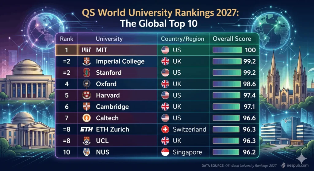 Infographic table showing the QS World University Rankings 2027 Top 10 global universities, featuring MIT at number one, followed by Imperial College, Stanford, Oxford, and Harvard against a futuristic campus background.