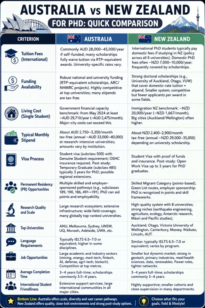Comparison infographic titled "Australia vs New Zealand for PhD: Quick Comparison." The table compares the two countries across 12 criteria: tuition fees, funding availability, living costs, stipend, visa process, permanent residency pathways, research quality, top universities, language requirements, job opportunities, average completion time, and international student friendliness. Australia offers a larger research ecosystem, broader industry opportunities, and multiple PR pathways but generally has higher tuition and living costs. New Zealand typically charges international PhD students domestic tuition rates, provides competitive scholarships, has lower living costs, and offers supportive supervision within a smaller but high-quality research system. Both countries generally require IELTS 6.5–7.0, offer tax-free doctoral stipends, and have PhD durations of 3–4 years.