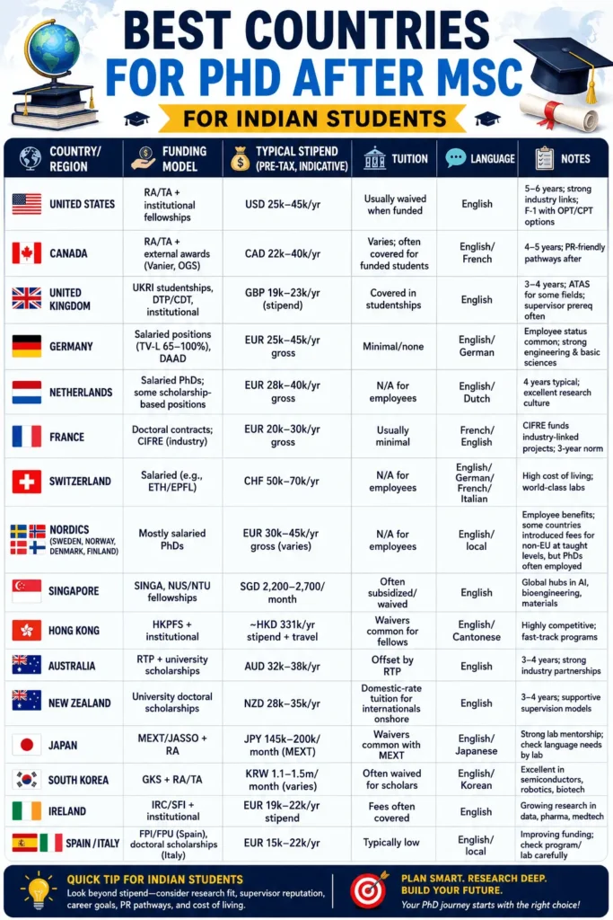 Best Countries for PhD After MSc for Indian Students infographic comparing 16 popular study destinations—United States, Canada, United Kingdom, Germany, Netherlands, France, Switzerland, Nordic countries, Singapore, Hong Kong, Australia, New Zealand, Japan, South Korea, Ireland, and Spain/Italy. The table summarizes each country's funding model, typical PhD stipend, tuition policy, language of instruction, and key highlights such as program duration, employee status, industry links, post-study opportunities, and research strengths.
