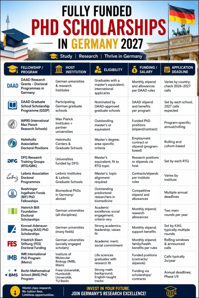 Infographic titled "Fully Funded PhD Scholarships in Germany 2027" summarizing 12 major doctoral funding opportunities in Germany. The table lists each scholarship or program, its host institution, eligibility requirements, funding or salary information, and application deadline. Featured programs include DAAD Research Grants, DAAD Graduate School Scholarship Programme (GSSP), International Max Planck Research Schools (IMPRS), Helmholtz Association Doctoral Positions, DFG Research Training Groups (RTG/GRK), Leibniz Association Doctoral Programmes, Boehringer Ingelheim Fonds (BIF) PhD Fellowships, Heinrich Böll Foundation Doctoral Scholarships, Konrad-Adenauer-Stiftung (KAS) PhD Scholarships, Friedrich Ebert Stiftung (FES) Doctoral Funding, IMB International PhD Program (Mainz), and the Berlin Mathematical School (BMS) PhD Program.