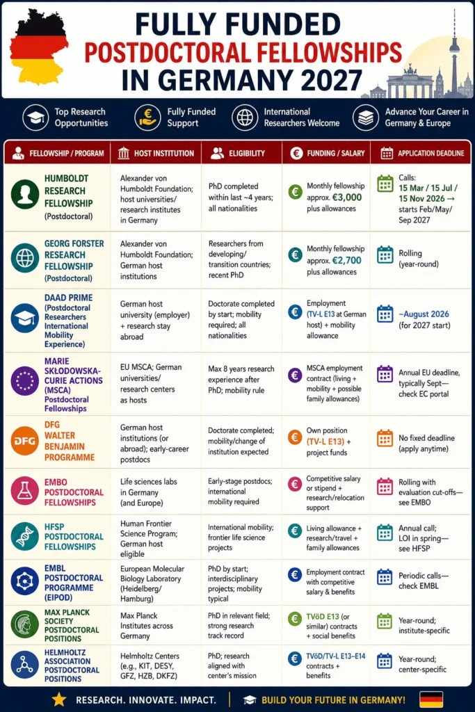 Infographic titled "Fully Funded Postdoctoral Fellowships in Germany 2027" summarizing 10 major postdoctoral funding opportunities in Germany. The table compares fellowship/program name, host institution, eligibility, funding or salary, and application deadlines. Featured programs include Humboldt Research Fellowship, Georg Forster Fellowship, DAAD PRIME, Marie Skłodowska-Curie Actions (MSCA), DFG Walter Benjamin Programme, EMBO, HFSP, EMBL EIPOD, Max Planck Society, and Helmholtz Association postdoctoral positions.