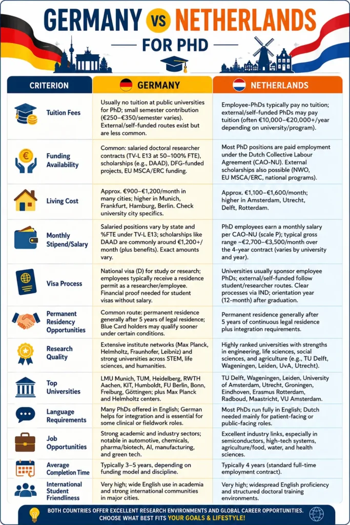 Infographic comparing Germany and the Netherlands for pursuing a PhD across 12 key criteria: tuition fees, funding availability, living costs, monthly stipend/salary, visa process, permanent residency opportunities, research quality, top universities, language requirements, job opportunities, average completion time, and international student friendliness. Germany highlights low or no tuition at public universities, strong research institutes, and doctoral researcher contracts, while the Netherlands emphasizes paid employee-PhD positions, structured four-year programs, excellent English-language opportunities, and strong industry connections.