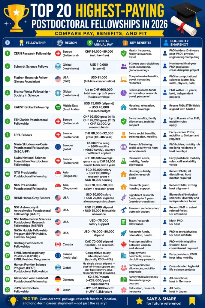 Infographic titled "Top 20 Highest-Paying Postdoctoral Fellowships in 2026: Compare Pay, Benefits, and Fit." The figure compares 20 prestigious postdoctoral fellowships across Europe, North America, Asia, and global programs. It summarizes each fellowship's typical annual salary or stipend, major benefits (such as research funding, housing, health insurance, mobility support, and family allowances), and key eligibility criteria. The infographic emphasizes that applicants should evaluate the overall funding package, research freedom, and career fit rather than salary alone.