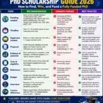 PhD Scholarship Guide 2026 infographic summarizing how to secure a fully funded PhD. The table compares ten key topics—including funding models, application timeline, supervisor contact, proposal writing, research evidence, eligibility tests, references, budgeting, interviews, and country differences—across three columns: recommendations, common mistakes, and best practices. It highlights major funding programs such as assistantships (US), DTP/studentships (UK), MSCA Doctoral Networks (EU), DAAD/IMPRS (Germany), RTP (Australia), Vanier (Canada), SINGA (Singapore), CSC (China), and MEXT (Japan).