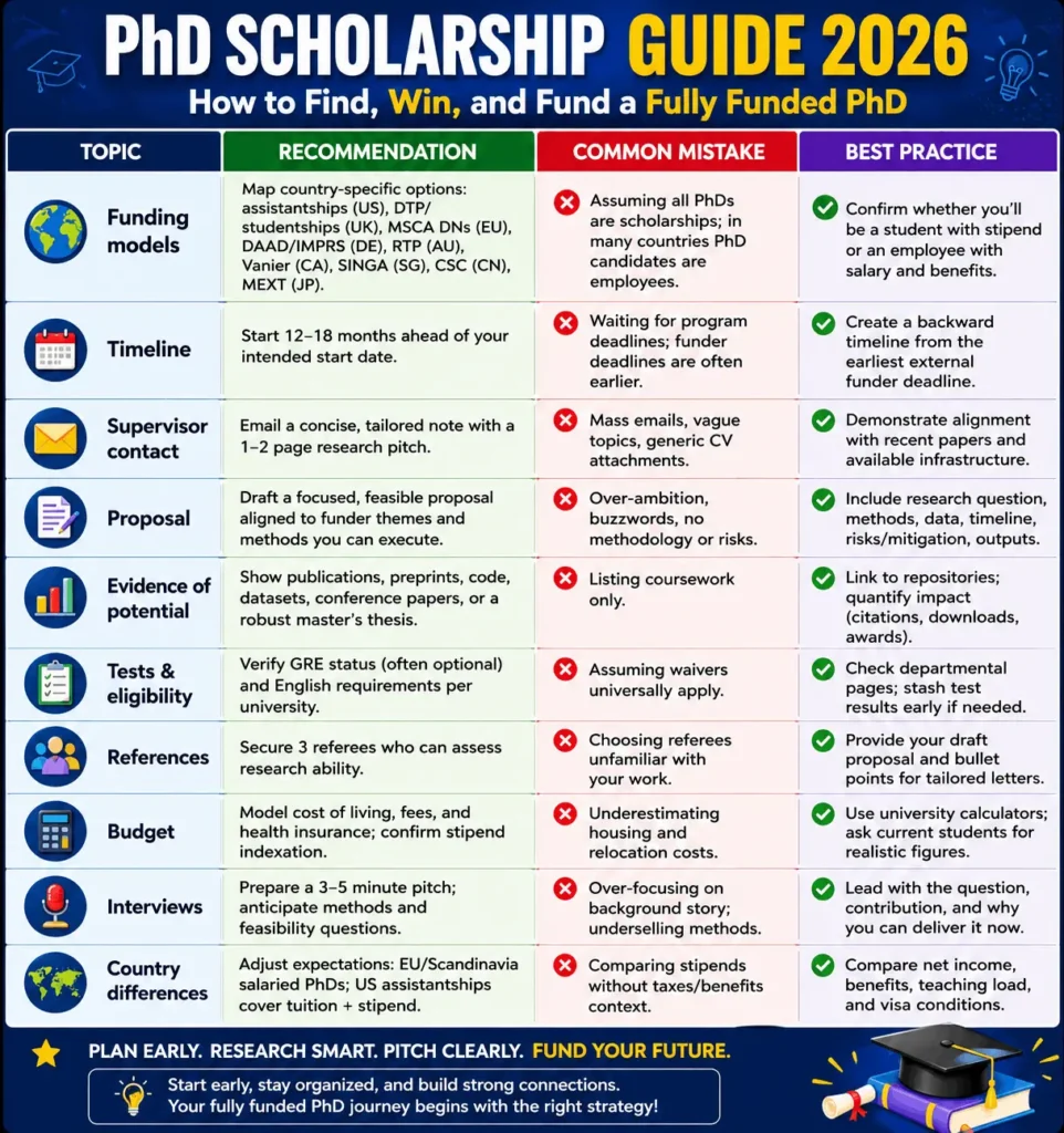 PhD Scholarship Guide 2026 infographic summarizing how to secure a fully funded PhD. The table compares ten key topics—including funding models, application timeline, supervisor contact, proposal writing, research evidence, eligibility tests, references, budgeting, interviews, and country differences—across three columns: recommendations, common mistakes, and best practices. It highlights major funding programs such as assistantships (US), DTP/studentships (UK), MSCA Doctoral Networks (EU), DAAD/IMPRS (Germany), RTP (Australia), Vanier (Canada), SINGA (Singapore), CSC (China), and MEXT (Japan).
