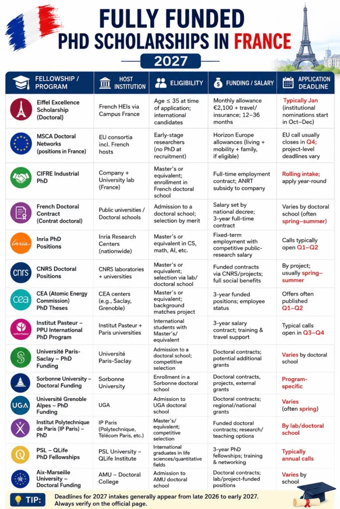 Infographic titled “Fully Funded PhD Scholarships in France 2027” summarizing 14 major doctoral funding opportunities in France. The table compares each program by host institution, eligibility requirements, funding or salary, and typical application deadlines. Featured opportunities include the Eiffel Excellence Scholarship, MSCA Doctoral Networks, CIFRE Industrial PhD, French Doctoral Contract, Inria, CNRS, CEA, Institut Pasteur, Université Paris-Saclay, Sorbonne University, Université Grenoble Alpes, Institut Polytechnique de Paris, PSL QLife Fellowships, and Aix-Marseille University. A note highlights that most 2027 application deadlines will be announced between late 2026 and early 2027 and recommends checking official program websites