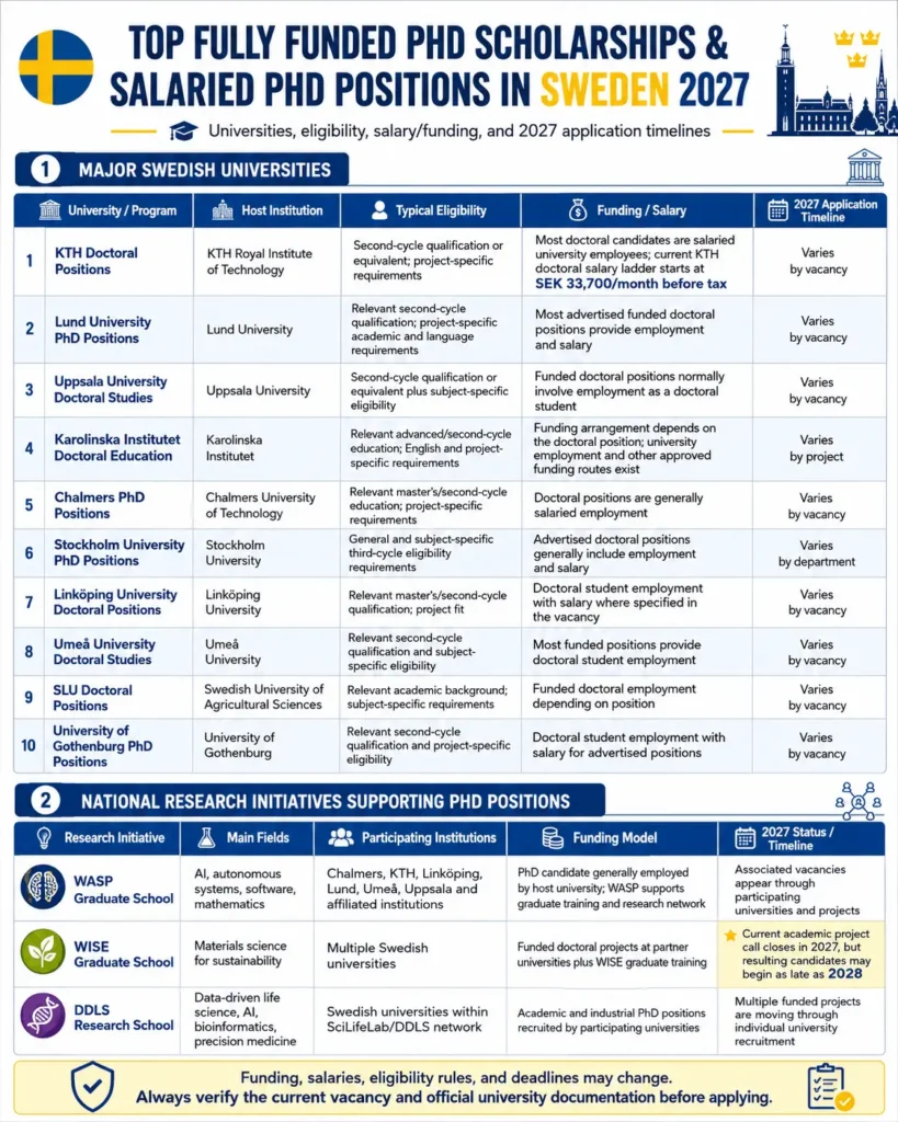 Infographic comparing fully funded PhD scholarships and salaried PhD positions in Sweden for 2027, covering KTH, Lund, Uppsala, Karolinska Institutet, Chalmers, Stockholm University, Linköping University, Umeå University, SLU, University of Gothenburg, WASP, WISE, and DDLS, with eligibility, funding, salary, and application timelines.