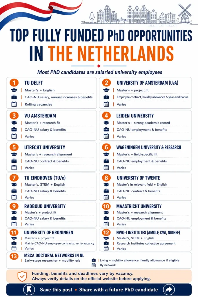 Infographic titled “Top Fully Funded PhD Opportunities in the Netherlands,” listing 13 paid PhD routes at Dutch universities and research institutes, including TU Delft, UvA, Leiden, Utrecht, Wageningen, TU Eindhoven, Groningen, NWO-I institutes, and MSCA Doctoral Networks. Most list Master’s degree and English proficiency as eligibility; funding is generally a CAO-NU employee salary and benefits, with deadlines varying by vacancy.