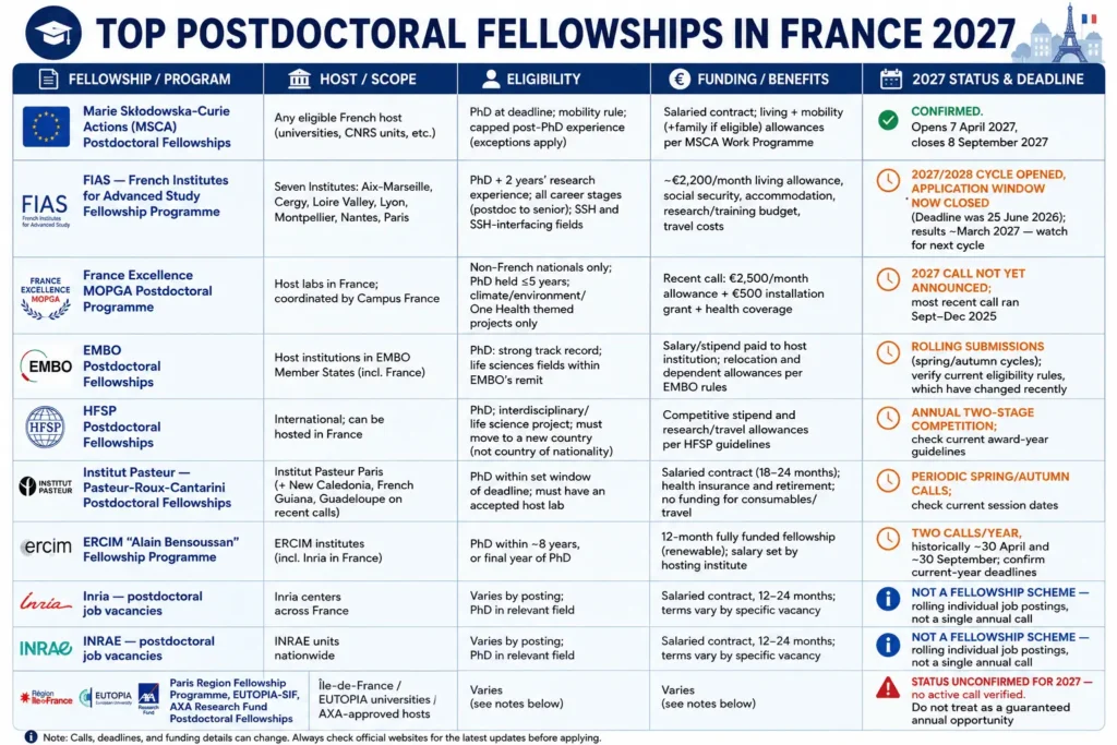 Infographic comparing top postdoctoral fellowship and research opportunities in France for 2027, including MSCA, FIAS, MOPGA, EMBO, HFSP, Institut Pasteur, ERCIM, Inria, and INRAE, with eligibility, funding, host scope, and application status or deadlines.