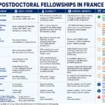 Infographic comparing top postdoctoral fellowship and research opportunities in France for 2027, including MSCA, FIAS, MOPGA, EMBO, HFSP, Institut Pasteur, ERCIM, Inria, and INRAE, with eligibility, funding, host scope, and application status or deadlines.