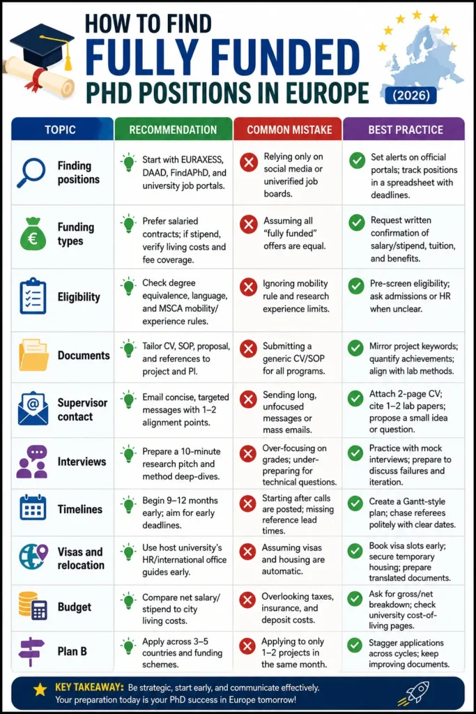 Infographic titled “How to Find Fully Funded PhD Positions in Europe (2026)” presented as a four-column table: Topic, Recommendation, Common Mistake, and Best Practice. It provides practical guidance across ten areas: finding PhD positions, funding types, eligibility, application documents, contacting supervisors, interview preparation, timelines, visas and relocation, budgeting, and maintaining a backup application strategy. Key advice includes using official portals such as EURAXESS and university job boards, verifying funding details, tailoring application materials, preparing research-focused interviews, starting applications 9–12 months in advance, planning visa and relocation early, comparing living costs, and applying across multiple countries and funding schemes. A concluding takeaway encourages applicants to start early, stay strategic, and communicate effectively.
