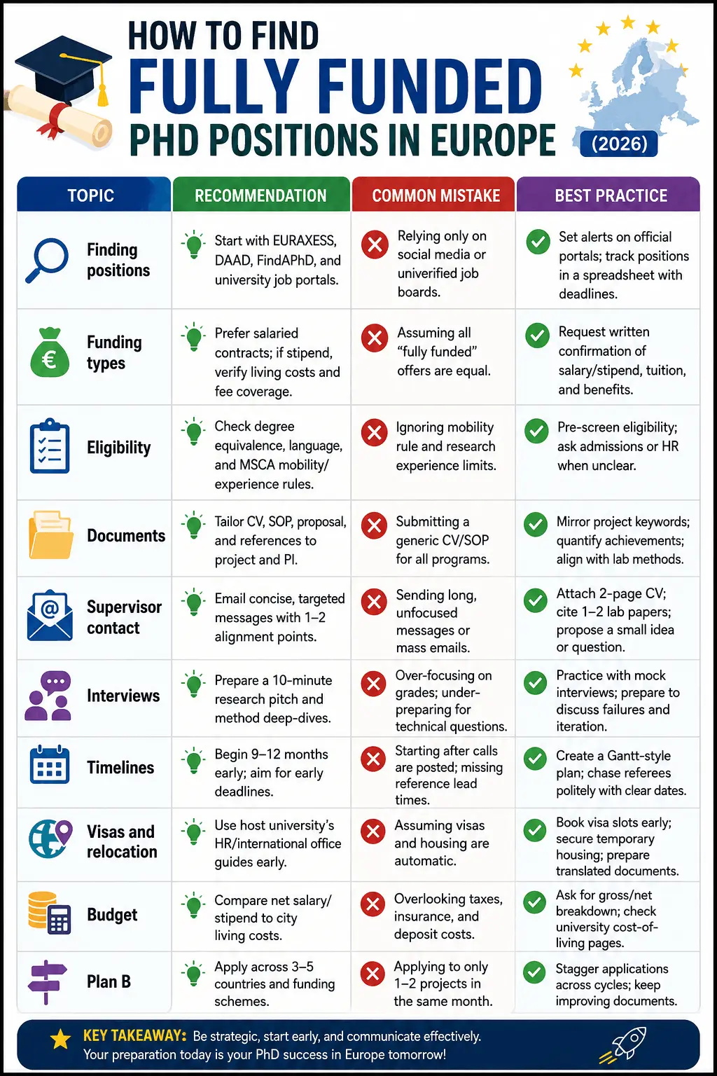 Infographic titled “How to Find Fully Funded PhD Positions in Europe (2026)” presented as a four-column table: Topic, Recommendation, Common Mistake, and Best Practice. It provides practical guidance across ten areas: finding PhD positions, funding types, eligibility, application documents, contacting supervisors, interview preparation, timelines, visas and relocation, budgeting, and maintaining a backup application strategy. Key advice includes using official portals such as EURAXESS and university job boards, verifying funding details, tailoring application materials, preparing research-focused interviews, starting applications 9–12 months in advance, planning visa and relocation early, comparing living costs, and applying across multiple countries and funding schemes. A concluding takeaway encourages applicants to start early, stay strategic, and communicate effectively.