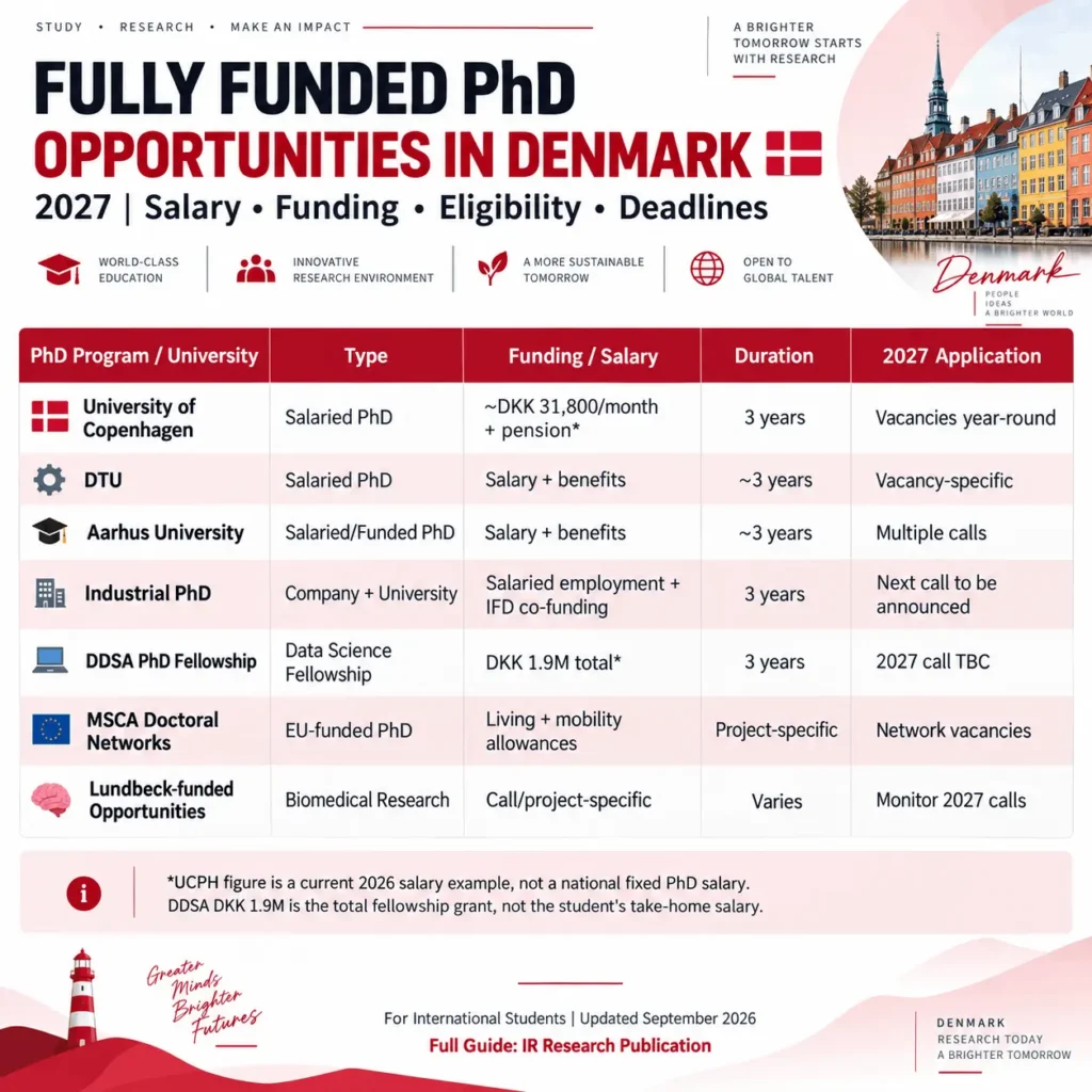 Infographic comparing fully funded PhD opportunities in Denmark for 2027, including the University of Copenhagen, DTU, Aarhus University, Industrial PhD, DDSA PhD Fellowship, MSCA Doctoral Networks, and Lundbeck-funded opportunities, with salary, funding, duration, and application status.