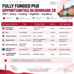 Infographic comparing fully funded PhD opportunities in Denmark for 2027, including the University of Copenhagen, DTU, Aarhus University, Industrial PhD, DDSA PhD Fellowship, MSCA Doctoral Networks, and Lundbeck-funded opportunities, with salary, funding, duration, and application status.