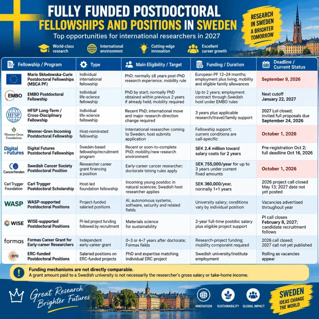 Fully Funded Postdoctoral Fellowships in Sweden 2027: Funding, Eligibility & Deadlines