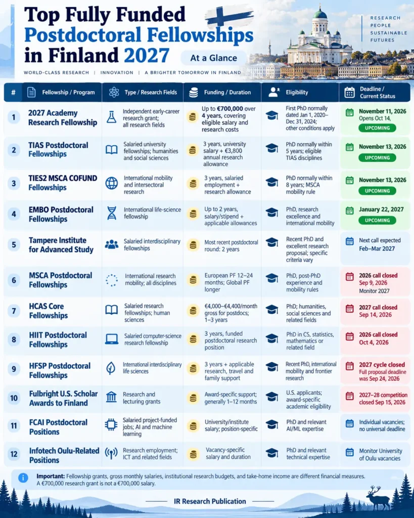 Infographic comparing 12 fully funded postdoctoral fellowships and research positions in Finland for 2027, including Academy Research Fellowships, TIAS, TIES2, EMBO, MSCA, HCAS, HIIT, and HFSP. Highlights funding amounts, eligibility, duration, and application deadlines, including grants of up to €700,000.
